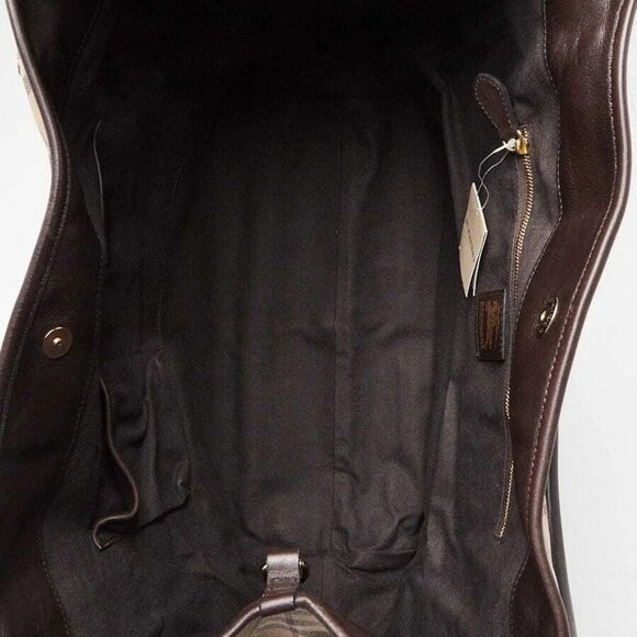 Burberry Brown Leather Haymarket Check Coated Canvas Chain Lawrence Tote Bag - Picture 10 of 11
